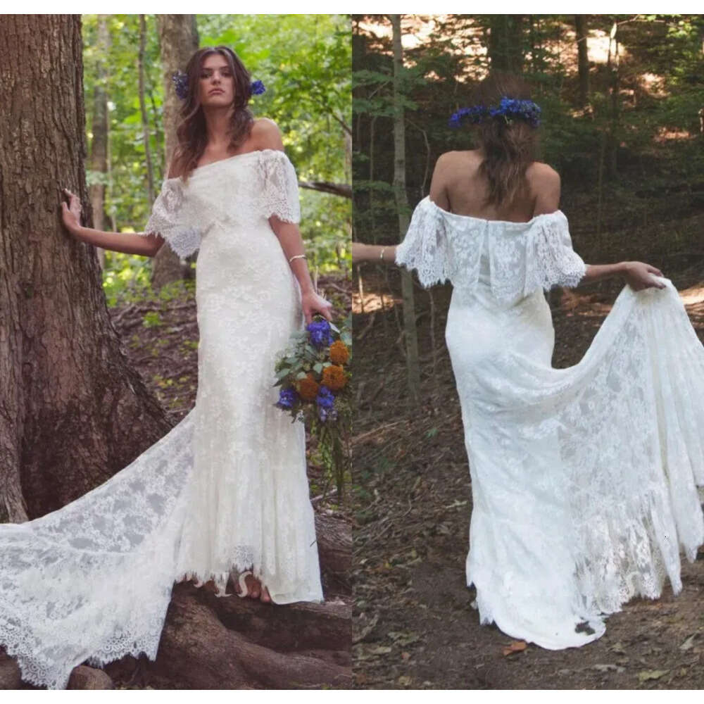 Boho Off Shoulder Sheath Scalloped Lace Wedding Dresses With Long Train Romantic Beach Bohemian Bridal Gowns