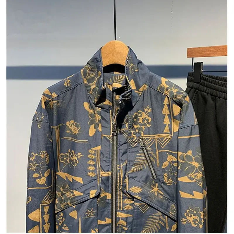 Versatile Patchwork fashionable loose mens workwear jacket for autumn and winter casual fashion stand up collar jacket 241127