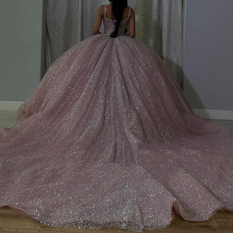 Pink Shiny Off The Shoulder Quinceanera Dresses Beads Crystal Ball Tull Gown Birthday Party Vestido De 15 Anos Sweet 16