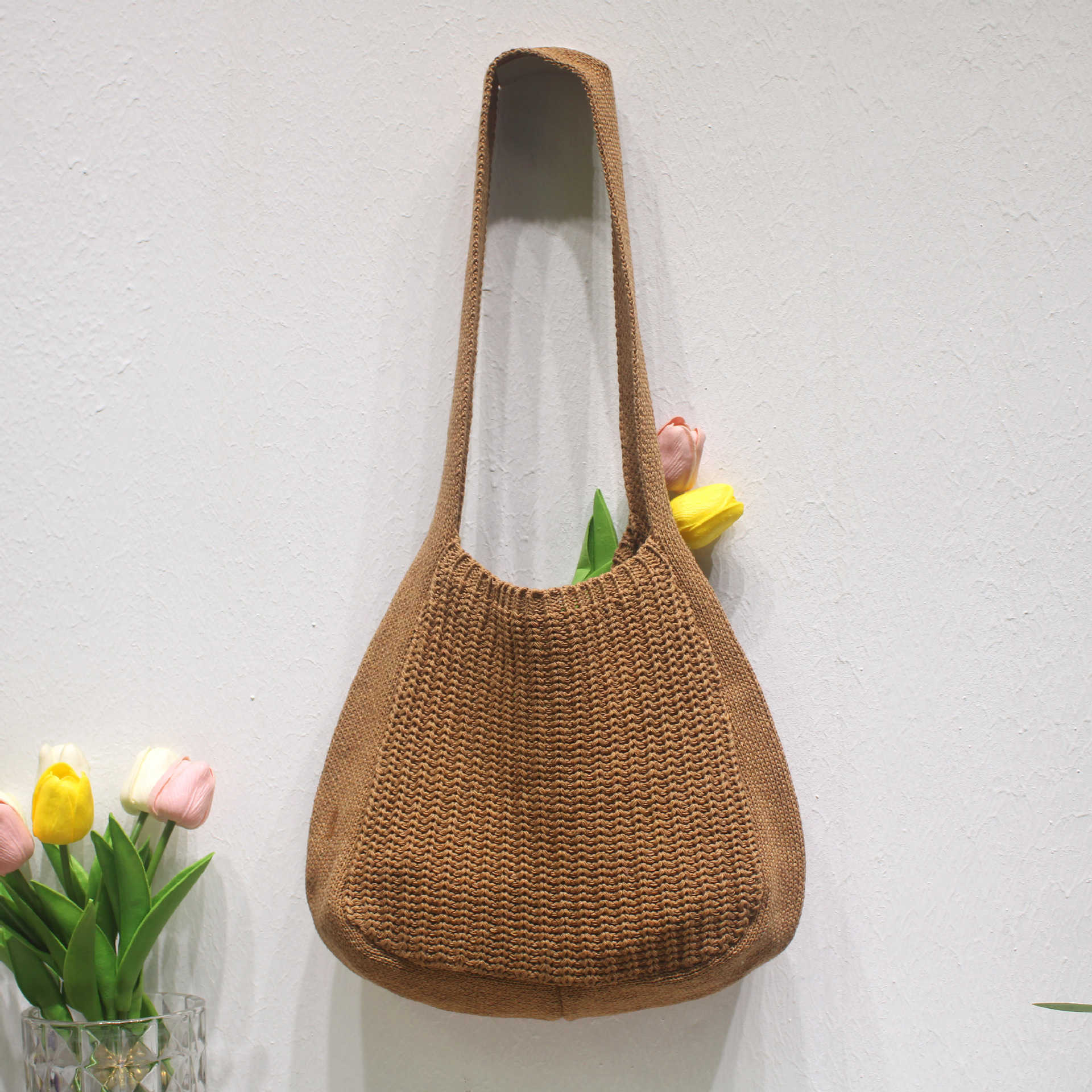 Autumn Large Capacity Commuter Knitted Tote Bag for Women 2024 New Chestnut Single Shoulder Cross Shoulder Big Bag