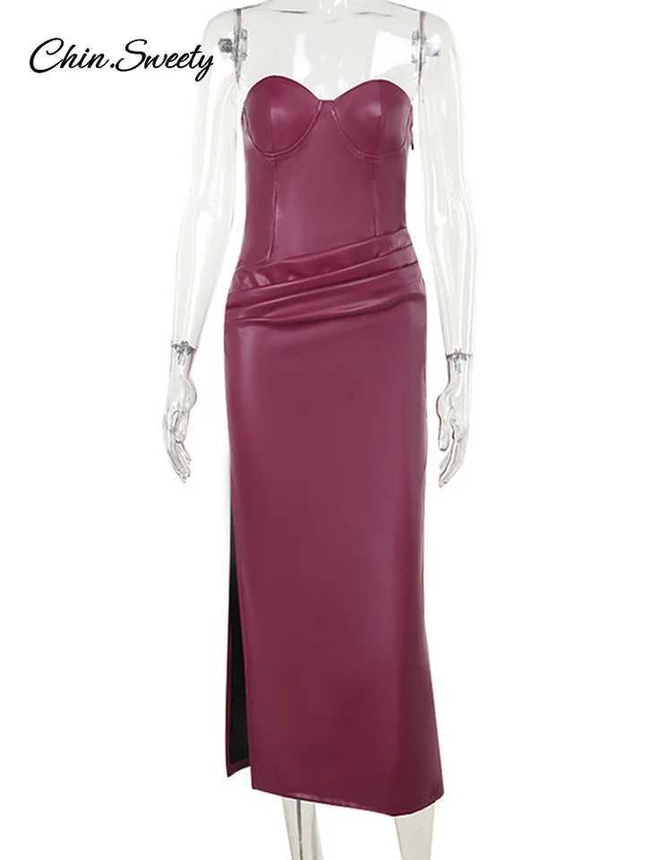Sexy Bury Pu Leather Maxi Dresses Women Strapless Backless Bandage Sveless Pleated Hip Package Party Dress New Split RobeX241128