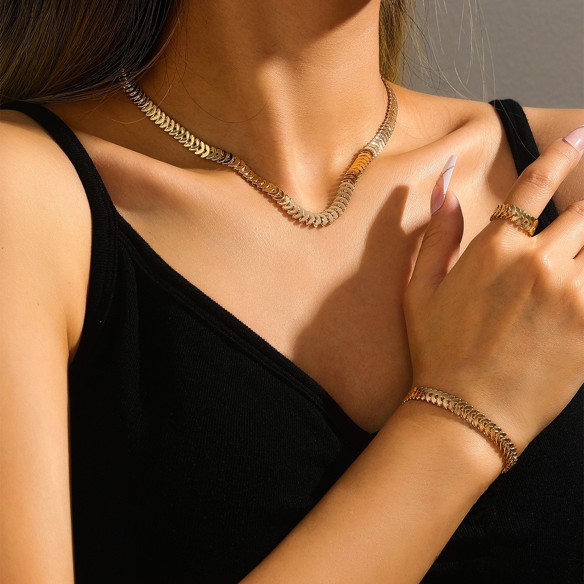 Europe and the United States fashion trend wheat ears 3-piece ring bracelet necklace set female niche design sense net red hot selling collarbone chai