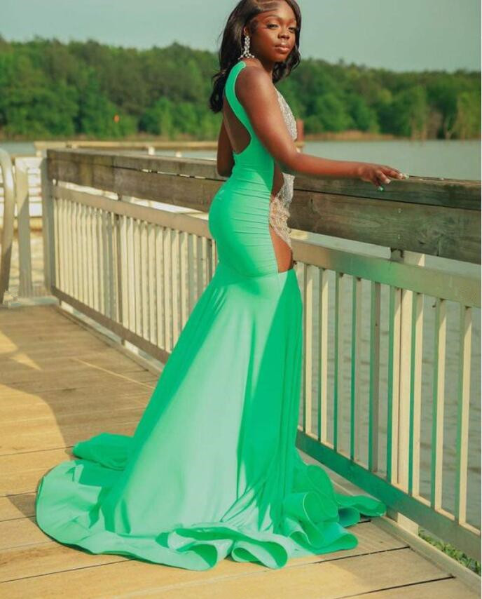 Fruit Green Sparkly Mermaid Long Prom Ceremony Dresses for Black Girl 2024 Luxury Diamond Sheer Evening Birthday Gala Dress