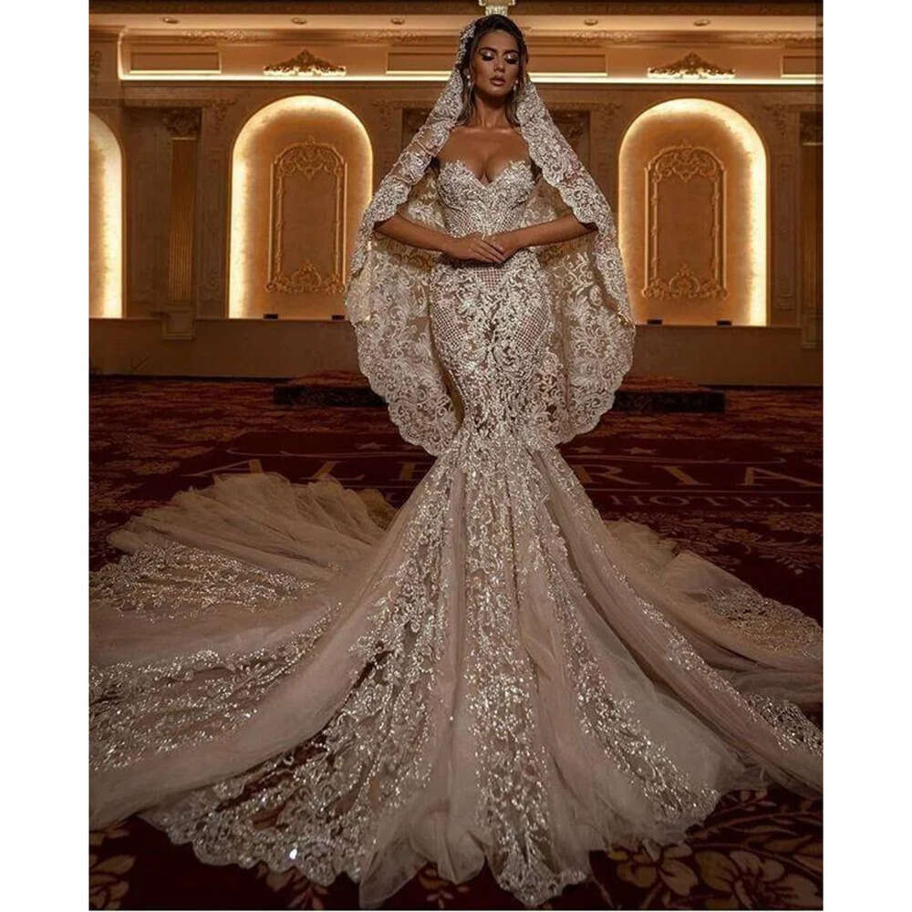 Dresses Wedding Applique Lace Mermaid Sweetheart Illusion Zipper Back Sweep Train Bride Dress Vestido De Noiva Cg
