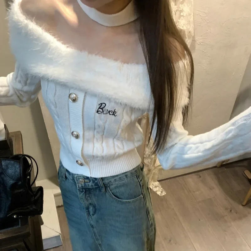 Autumn Winter Y2k Aesthetic Fluffy Sweater Slash Neck Off Shoulder Elegant Halter Crop Top Vintage Casual Fashion Pullover Women 241127