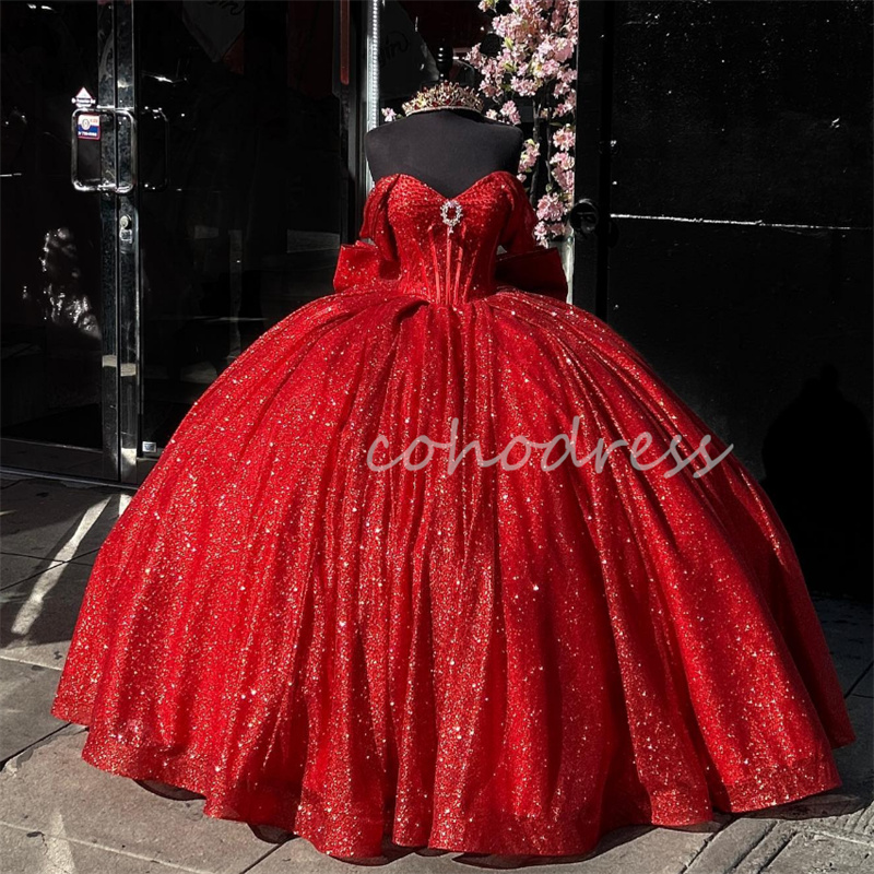Gorgeous Red Quinceanera Dresses Charro Off Shoulders Shine Sequin Vestidos De Xv 15 Anos Corset Bow Birthday Party Sparkly Shine Ballkleider Sweet 16