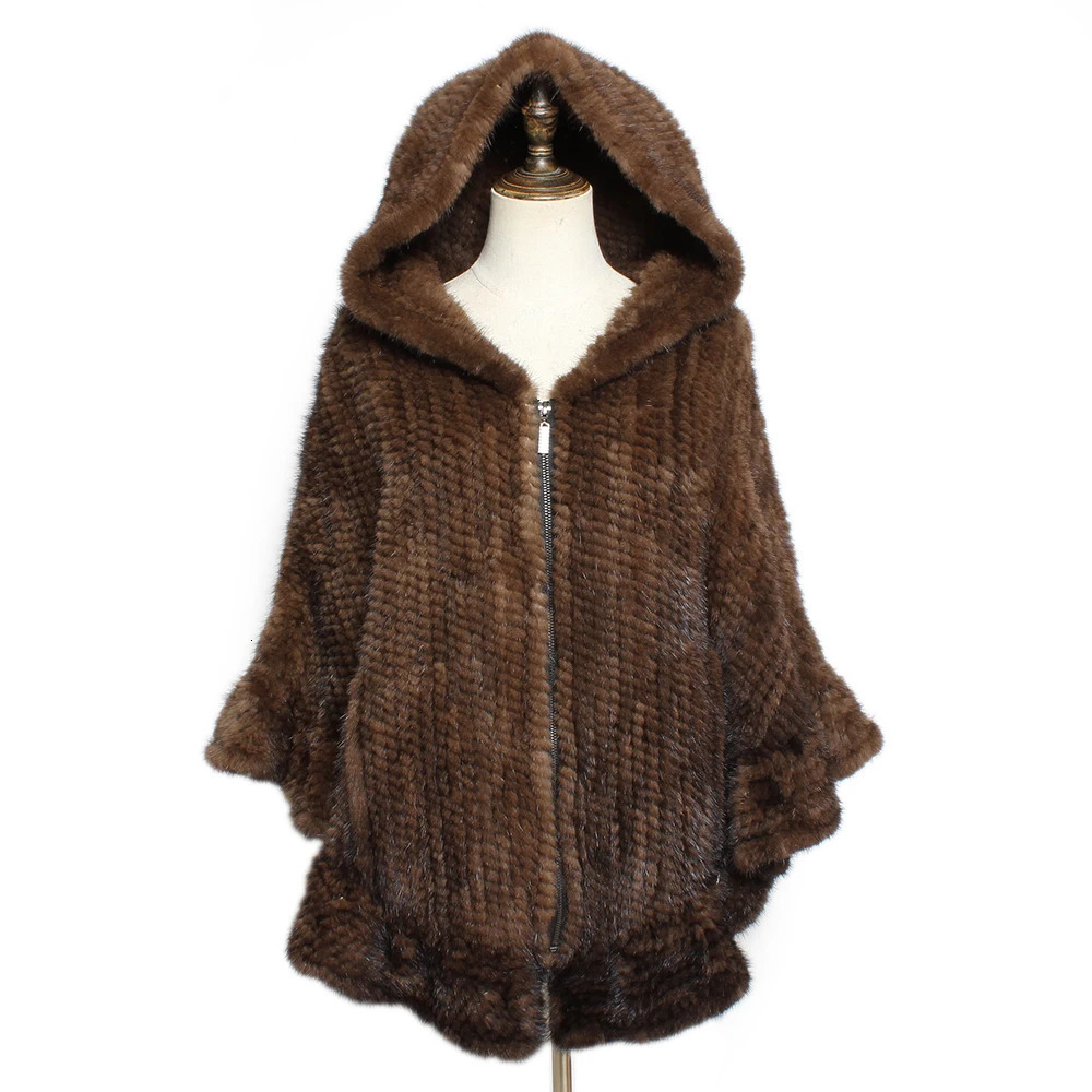 Winter Women Knitted Real Mink Fur Shawl Hooded Fashion 100%Natural Cape Jacket Lady Casual Warm Genuine Poncho 241126