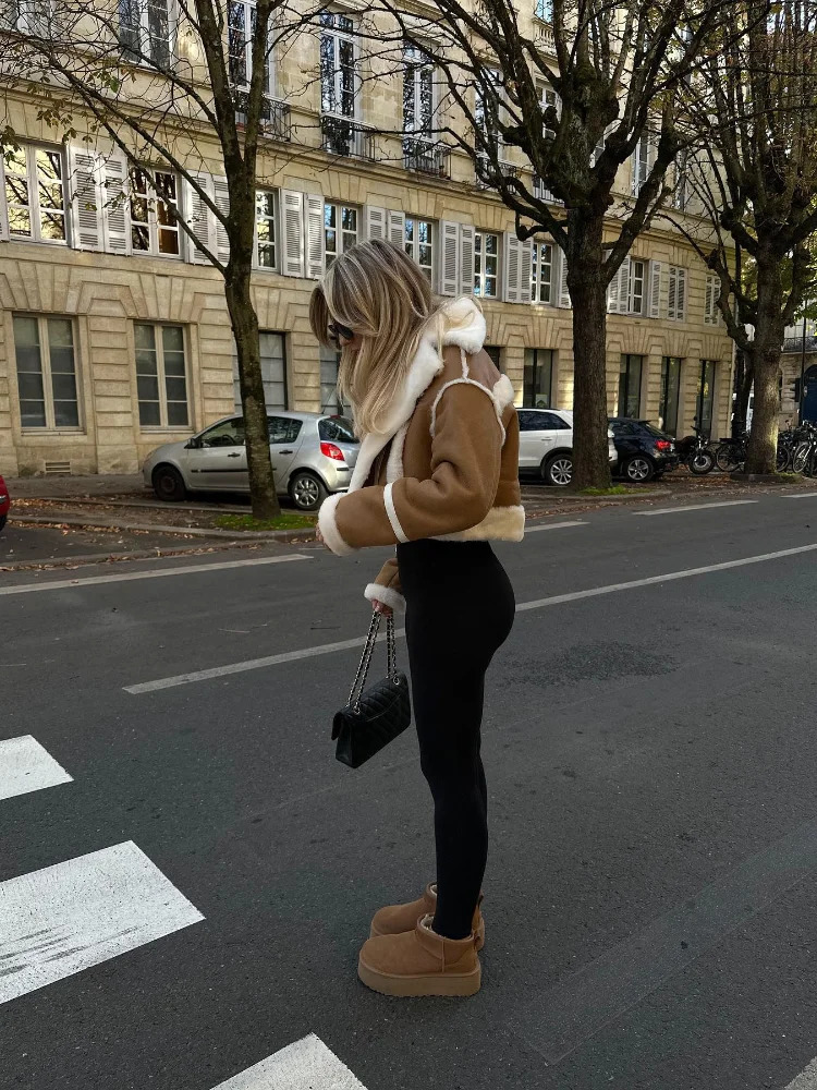 Elegant womens soft fur patch work suede coat fashionable lapel zipper cutting jacket autumn and winter womens warm commuting street jacket 241128