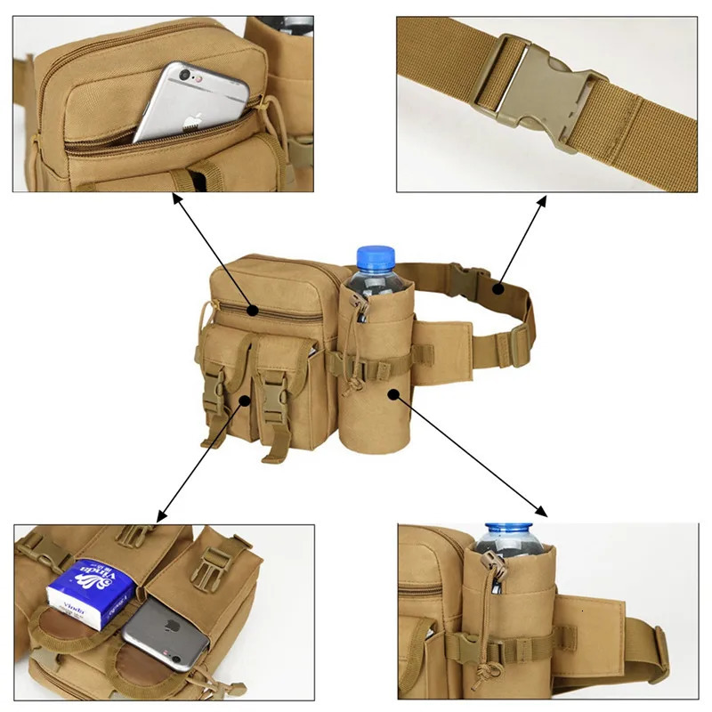 2024 Waist Pack Bag Nylon Hiking Water Bottle Phone Outdoor Sports Hunting Climbing Camp Belt 241115