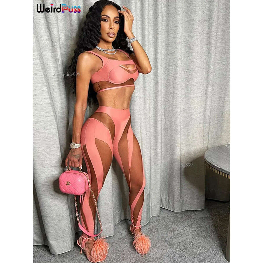 Women's Tracksuits Weird Puss Mesh Sexy 2 Piece Set Women Tracksuit Patchwork Fitness Sporty VestLeggings Stretch Skinny Midnight Matching Outfit