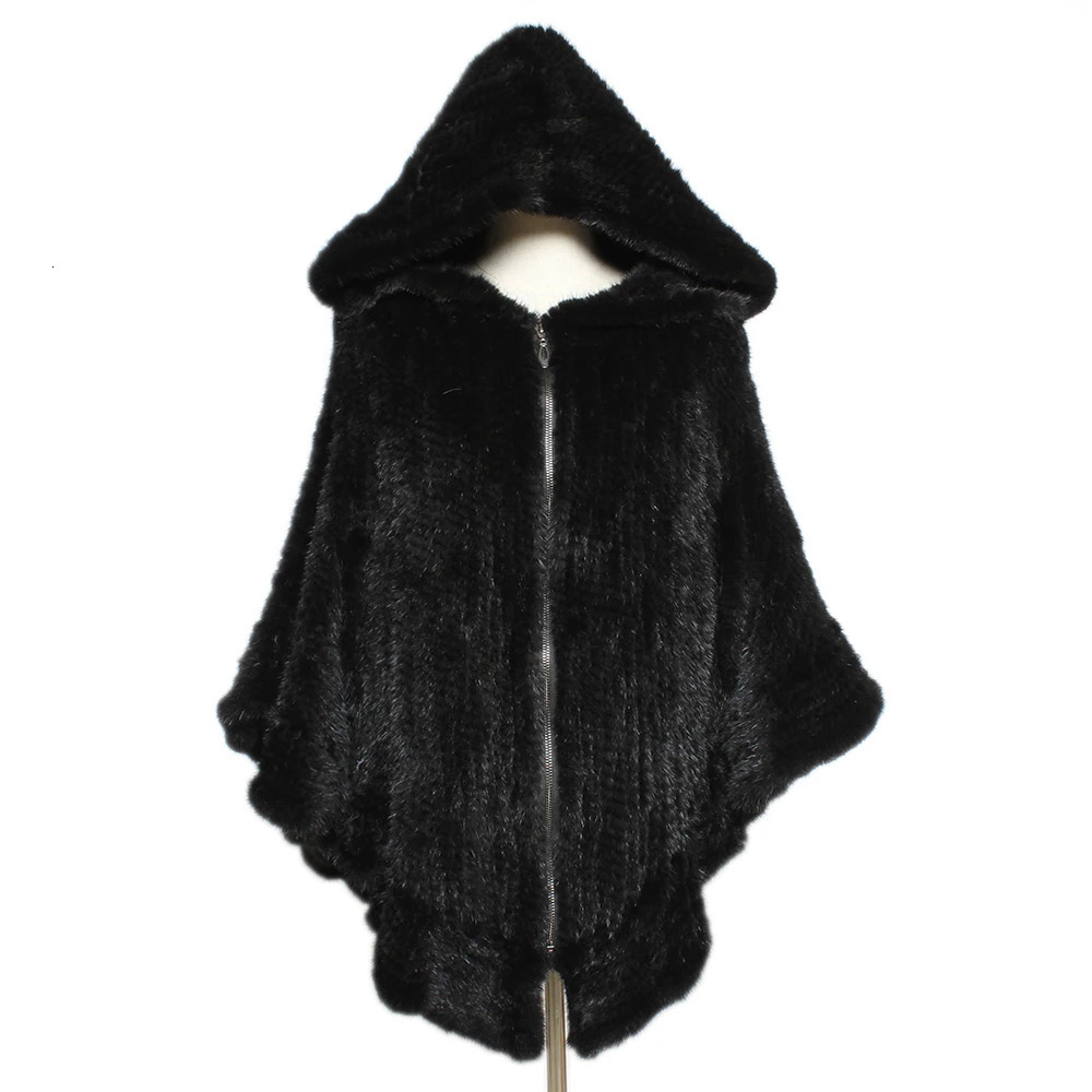 Winter Women Knitted Real Mink Fur Shawl Hooded Fashion 100%Natural Cape Jacket Lady Casual Warm Genuine Poncho 241126