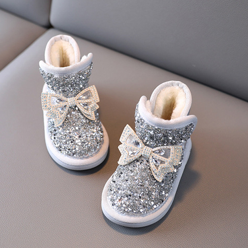 Girls Snow Boots Rhinestone Sequins Kids Fashion Winter Boots Princess Child Winter Cotton Plush Glitter Toddler Boots with Bow Littlesprouts Classic 