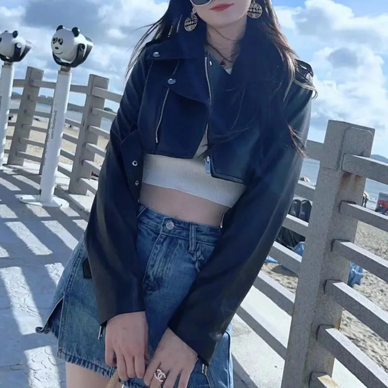motorcycle womens leather clothing European trend Pink natural goat belt zipper Ultra short jacket Street weer 241128