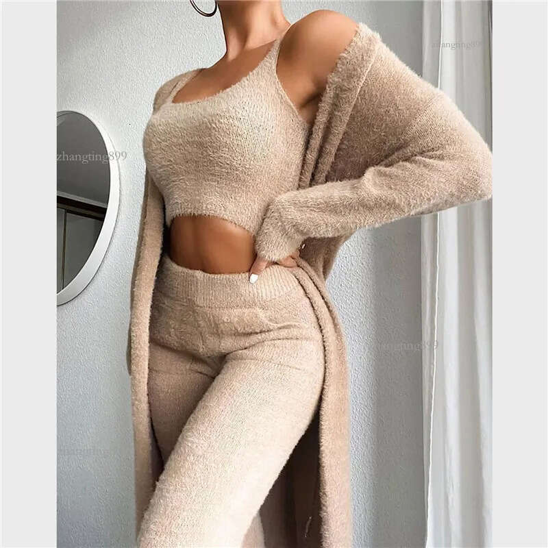 Women's Tracksuits 3pcsSet Lounge Wear Tracksuit Autumn Winter Outfits Cardigan Velvet Crop Top Long Sleeve Coat High Waist Pants Set 230131