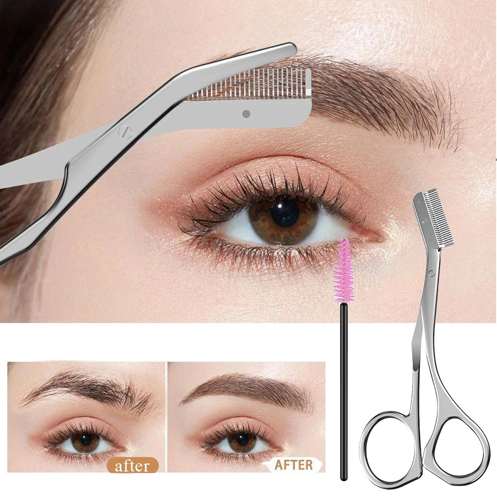 1pc Professional Eyebrow Trimmer Scissors Shaver With Comb Brush Stainless Steel Washable Brow Razor Women Beauty Makeup Tool 241128