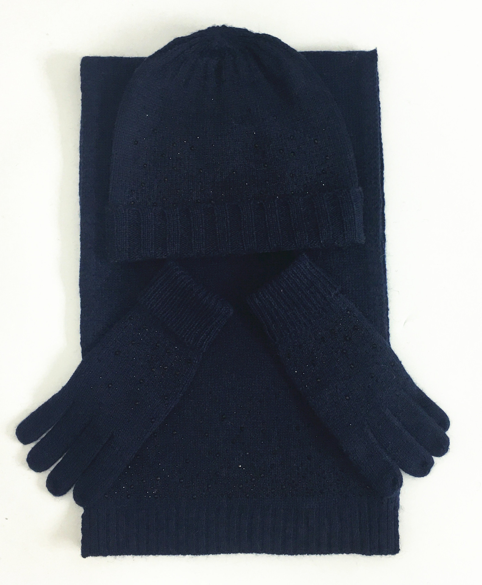 New European and American fashion three piece set with hot drilling for autumn and winter warmth hat scarf glove set factory direct sales