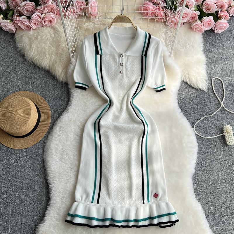 Casual Dresses Women Color Patchwork Ruffles Knitted Mini Dress Buttons Polo-Neck Bodycon Outfits