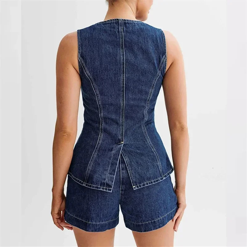 2024 Vintage Casual Denim Suits Back Split Women Sleeveless Button Splicing Slim Jacket Female Two Piece Sets High Waist Shorts 241127