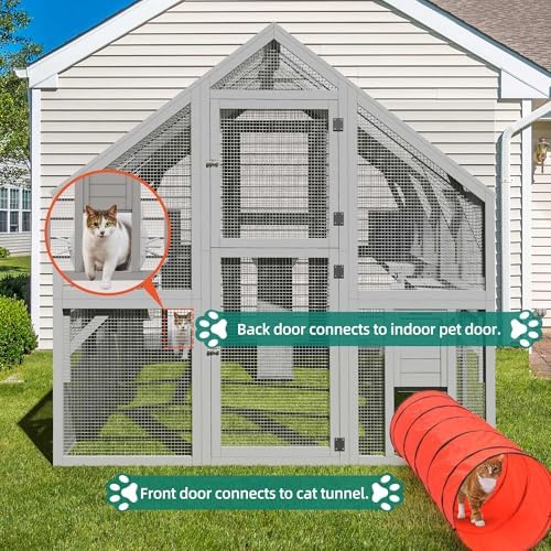 YITAHOME Extra Large Catio Outdoor Enclosure, 110 inch Outside Cattery with Weatherproof Roof, Scratcher Ramp, Cat Space Capsule Bed, Bridges, 2 Resti