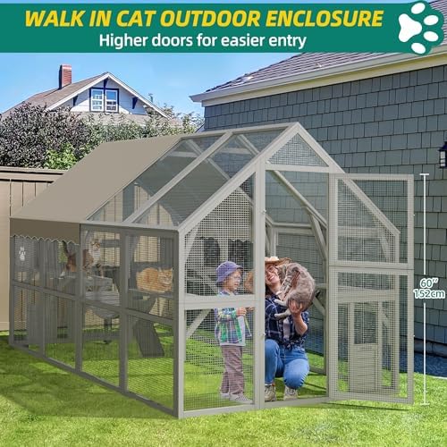 YITAHOME Extra Large Catio Outdoor Enclosure, 110 inch Outside Cattery with Weatherproof Roof, Scratcher Ramp, Cat Space Capsule Bed, Bridges, 2 Resti