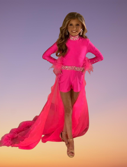 Girls Long Sleeves Pageant Dresses Feather Trim Short Romper with Overskirt Preteen Formal Event Wear Gowns Stretch Lycra Cry