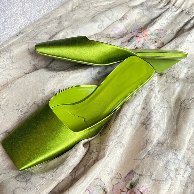Elegant Green Satin Design Slippers Women 2024 Summer Fashion Middle Heel Square Toe Mules Loafers Brand Slide Sandals