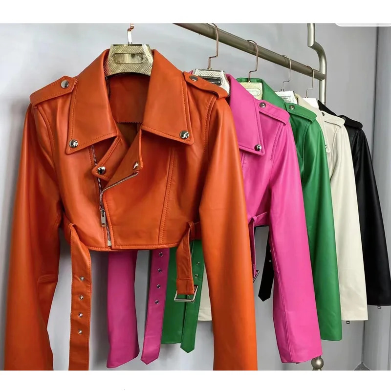 motorcycle womens leather clothing European trend Pink natural goat belt zipper Ultra short jacket Street weer 241128