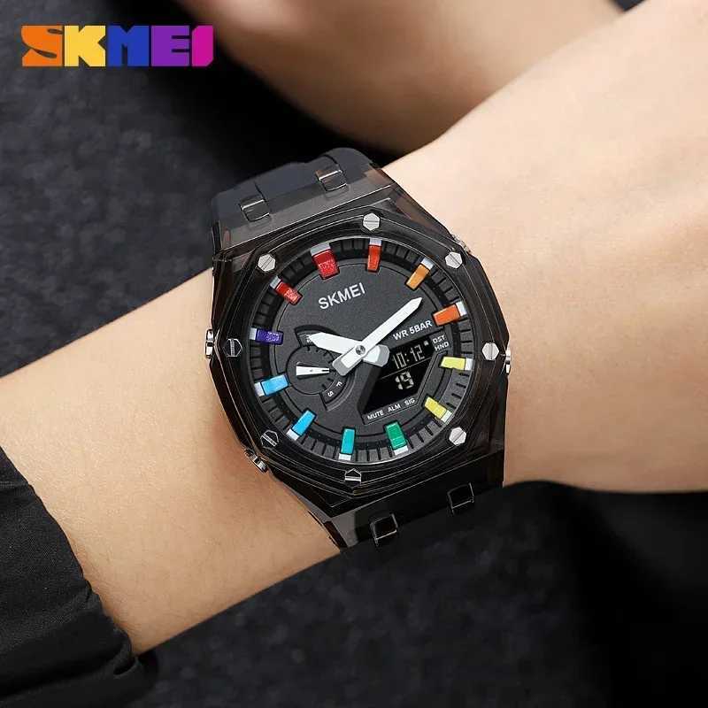 SKMEI 2100 Waterproof Mens Countdown Stop Light Electron Mobile Wrist 5 Alarm Clock 2 Time Numbers es M241128