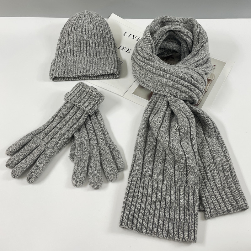 European and American autumn and winter fashion wool knitted three piece set solid color warm cover woolen hat scarf glove set