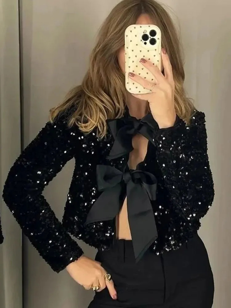 Fashion sequin bow lace womens jacket elegant O-neck long sleeved ultra-thin short jacket autumn womens fashion party streetwear 241125