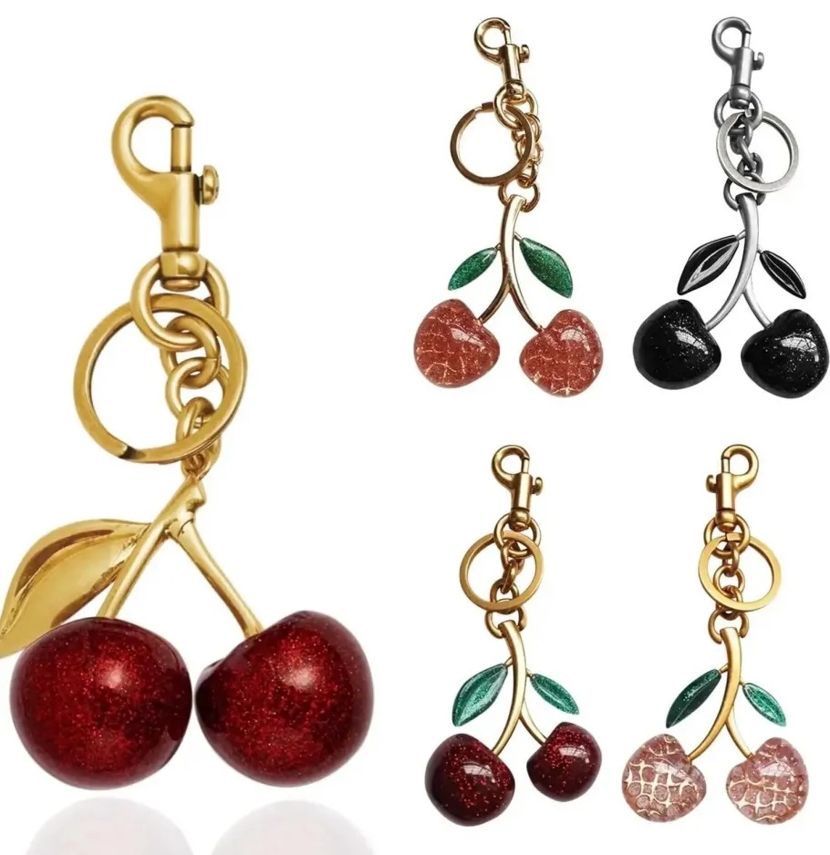 cherry bag charm keychain designer bag charms designer cherry purse handbag women lanyards leather black red pink key ring wallet keychains cherry cha