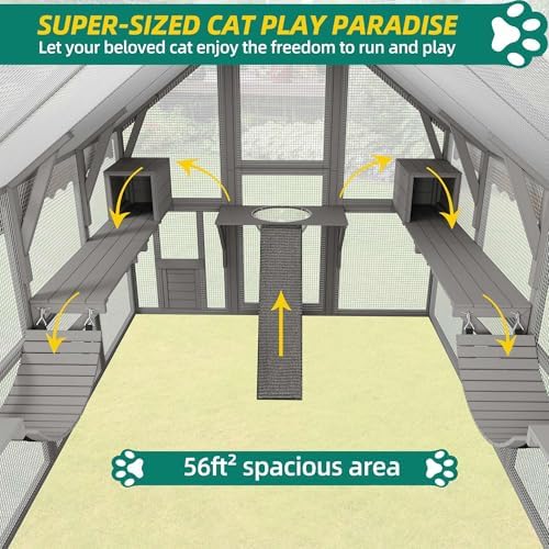 YITAHOME Extra Large Catio Outdoor Enclosure, 110 inch Outside Cattery with Weatherproof Roof, Scratcher Ramp, Cat Space Capsule Bed, Bridges, 2 Resti