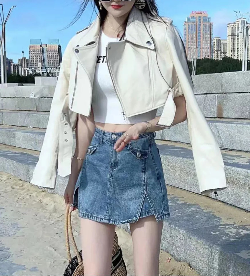 motorcycle womens leather clothing European trend Pink natural goat belt zipper Ultra short jacket Street weer 241128