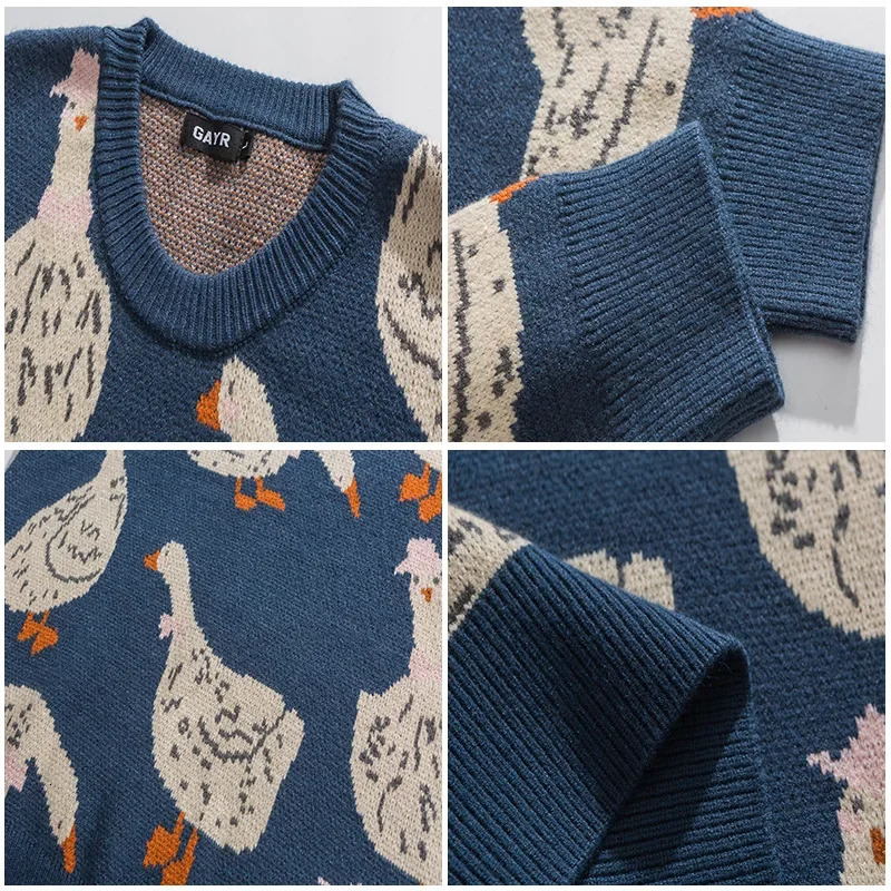 Japanese Knitted Sweater Men Cartoon Animal Duck Goose Print Pullover Harajuku Casual O-neck Oversize Top Streetwear Unisex Fall 241127