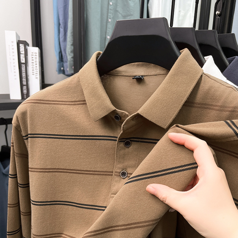 Cotton Men's Long-sleeved T-shirt Spring Autumn Casual Lapel Striped Polo Shirt Loose Washed Bottoming Tshirt Plus Size XXXL Tops Tees