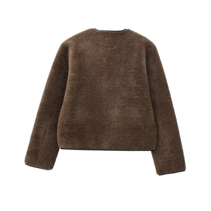 TRAF Fleece Patchwork Jacket for Women Autumn Casual Pocket Zipper O Neck Decoration Short Jacket Casual Jackets Female Jackets 241128