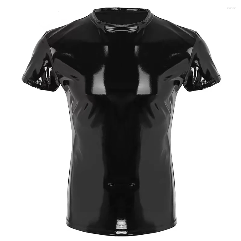 Men's T Shirts T-Shirt Men Top Black/Red Clubwear Costume Faux Leather Mens PVC Round Neck Short Sleeve Solid Color Brand