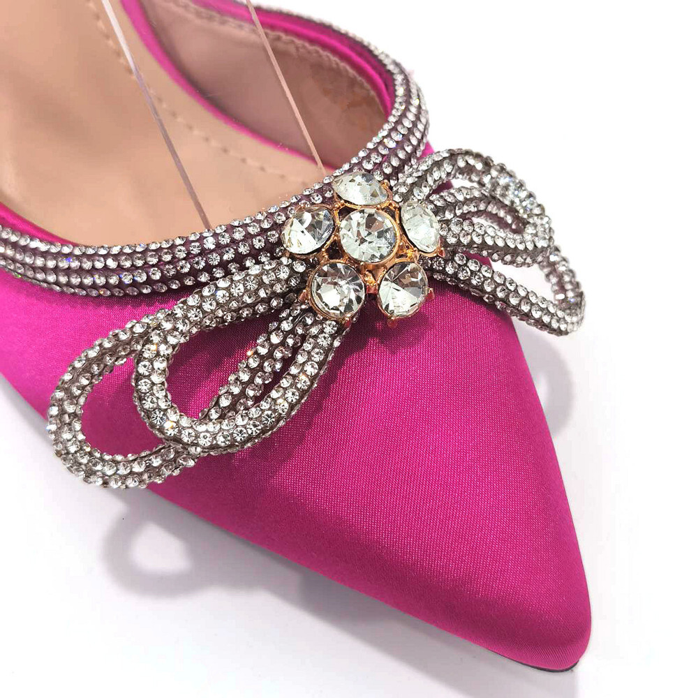 2023 Ladies Pointed-Toe Party High Heels Magenta Colour Bow Rhie Stereo Evening African Wedding Shoe And Bag Set