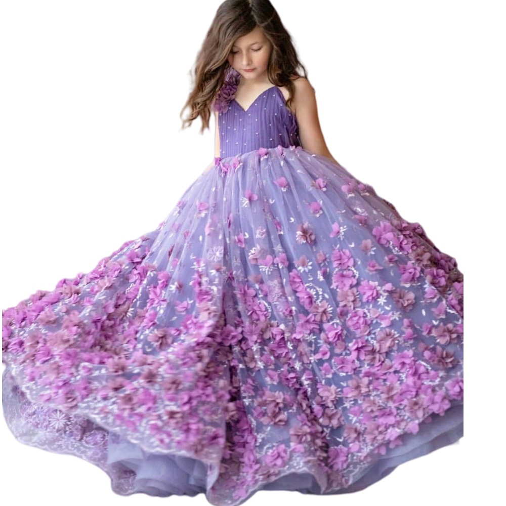2024 Purple Flower Girl Dresses For Weddings V Neck Spaghetti Straps Lace Appliques Beads Ball Gown Tulle Girls Pageant Dress Kids Communion Gowns Han