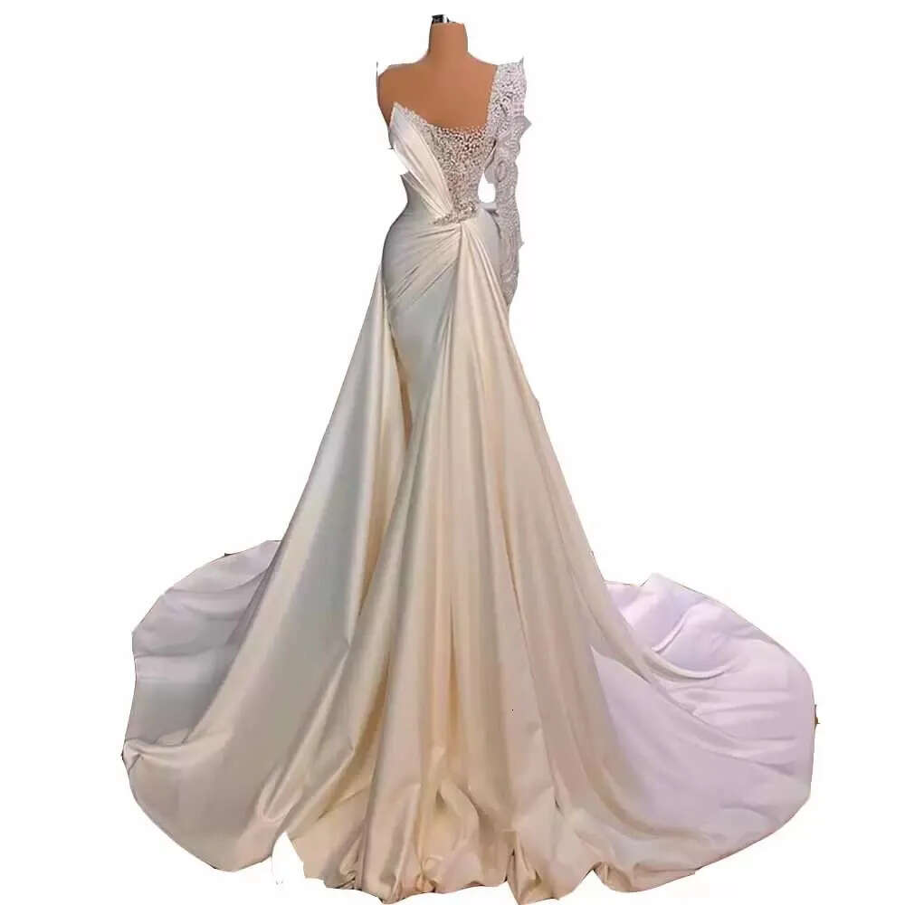 Dresses Mermaid Wedding Sexy White Illusion Pearls Beadings One Shoulder Satin Long Sleeve Plus Size Bridal Gowns Vestidos De Novia Bes