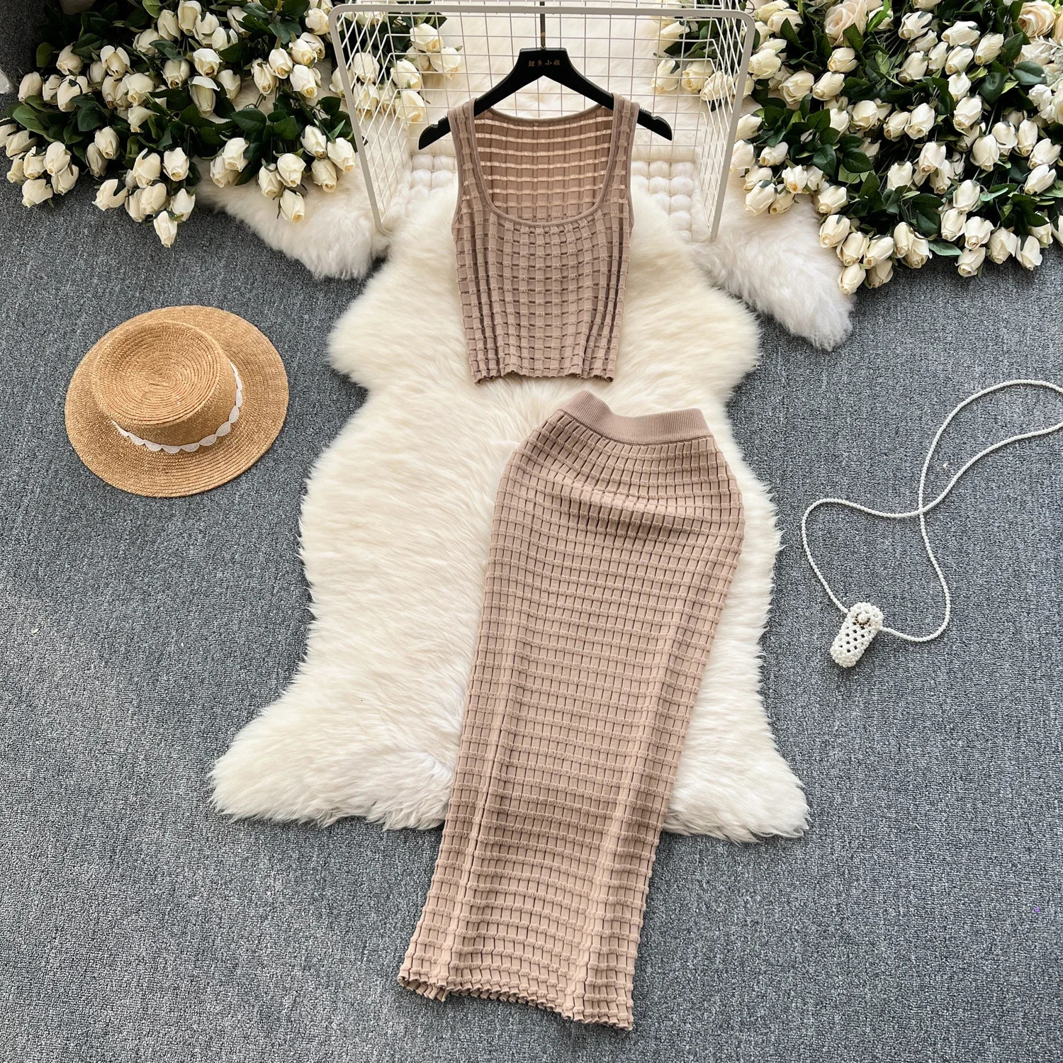 Summer Women Fashion Skirt Set Sexy Sleeveless Tank Tops High Waist Slim Long Saya Female Two Piece Suits Knit Solid Clothes 240423