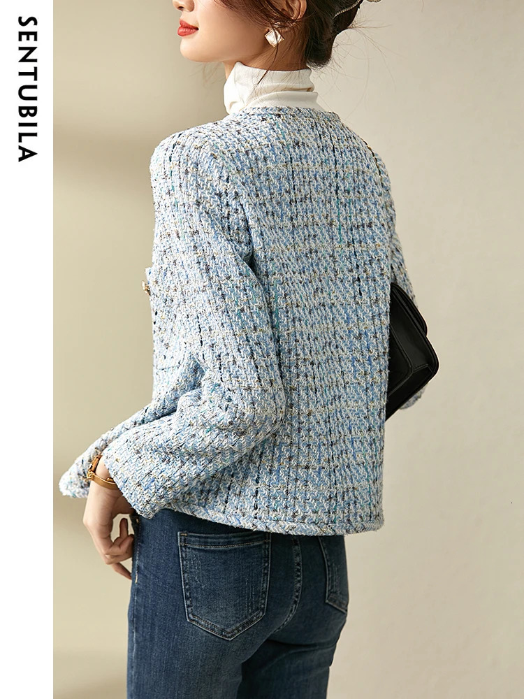 SENTUBILA Cropped Tweed Jacket for Women Autumn Elegant Fashion Outerwear O-Neck Short Coat Womens 143W56772X 241125