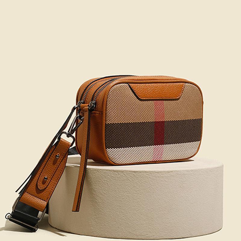 Free Shipping Real Leather Women's Small Canvas Crossbody New Wide Strap Fashionable Square Flip Designer Shoulder Plaid Bag
