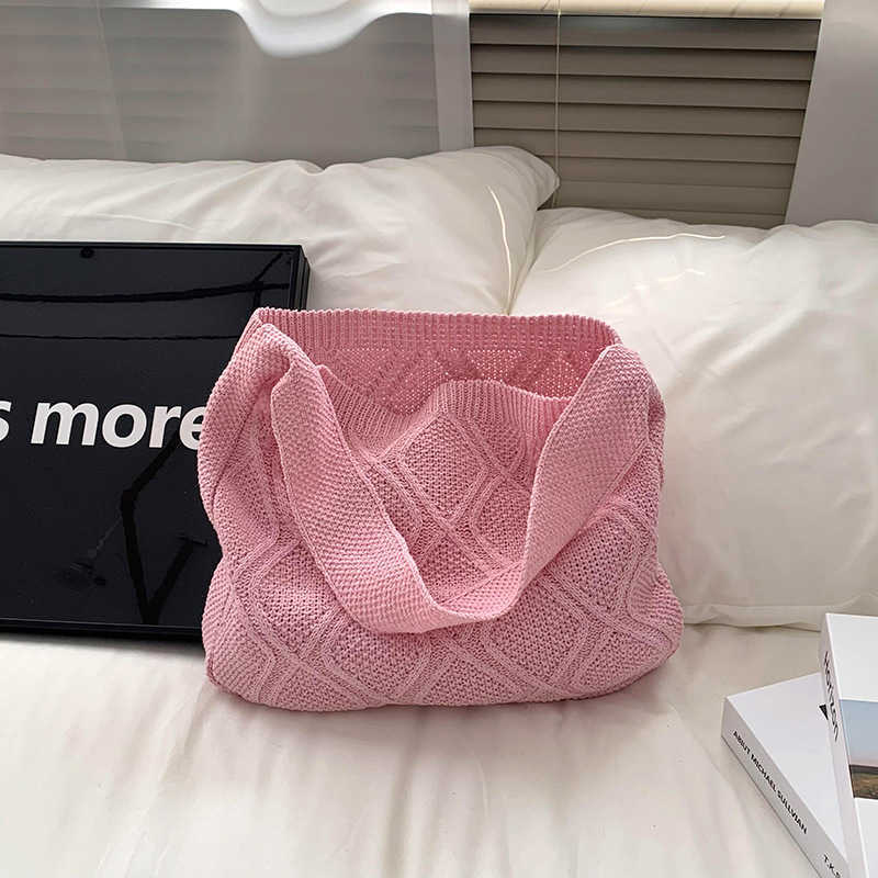 Student Shoulder Bag Crossbody Bag New Solid Color Knitted Hollow Tote Bag Handbag