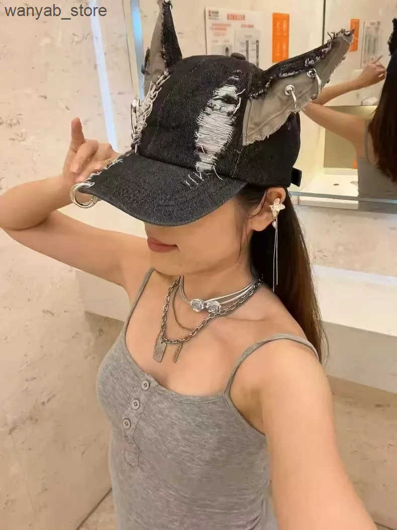 Beanie/Skull Caps Garbage style y2k Doberman dog ear wash denim baseball cap dark tie punk personality street hat tide L240910