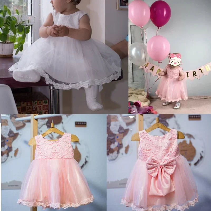 Baby Girls Long Sleeve Dresses for Xmas Party Wedding Lace Big Bow Infant Girl 1st Birthday Princess White Baptism Dress 240416