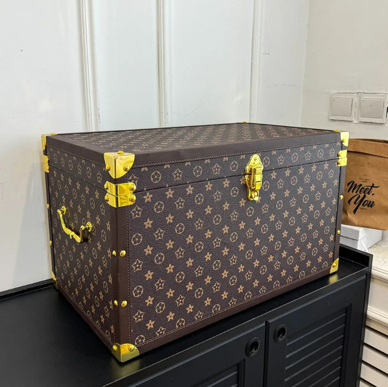 Hot 2024 fashion large capacity Home Brown Old flower letter logo Sundries multifunctional storage box Multi purpose thickened flip coverstorage boxes with lock