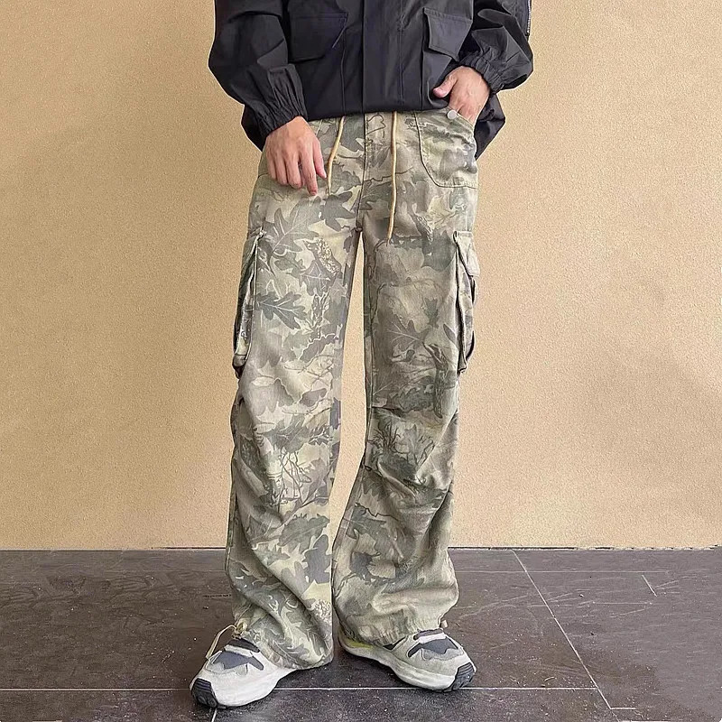 Y2K Fashion Side Pocket Camo Luggage Goods Jeans Mens Clothing Wide Legged Womens Cotton Pantaloni Uomo 240426