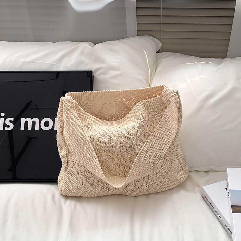 Student Shoulder Bag Crossbody Bag New Solid Color Knitted Hollow Tote Bag Handbag