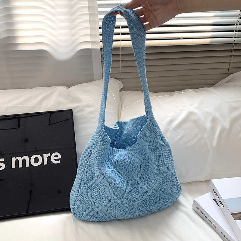 Student Shoulder Bag Crossbody Bag New Solid Color Knitted Hollow Tote Bag Handbag